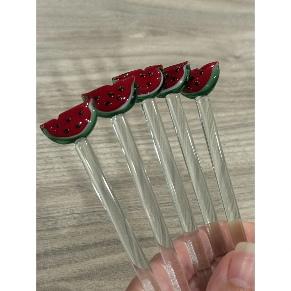 Hand Blown Glass‎ Watermelon Fruit Barware Swizzle Stir Sticks Set Lot of 5